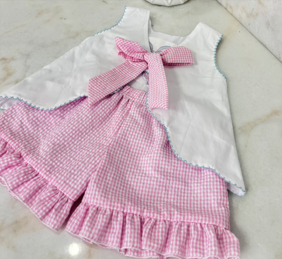 White Scalloped Seersucker Bow Back Short Set