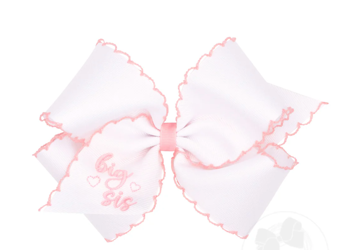 King "Big Sis" Embroidered Grosgrain Hair Bow with Light Pink Moonstitch Edge