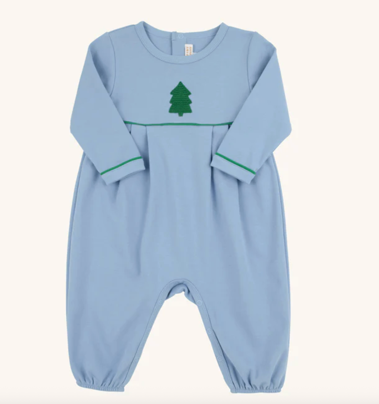 Long Sleeve Bradford RomperBarrington Blue with Kiawah Kelly Green & Christmas Tree Embroidery