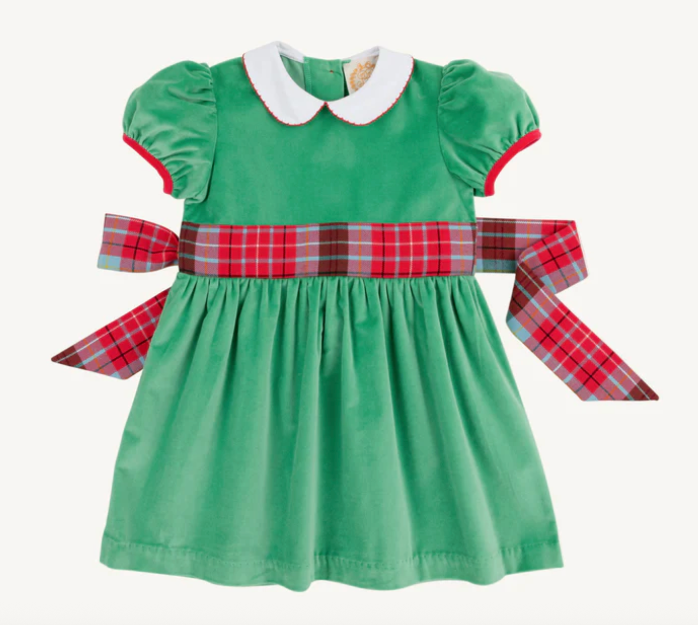 Cindy Lou Sash Dress (Velveteen)-Kiawah Kelly Green with Worth Avenue White & Wilson Pier Plaid