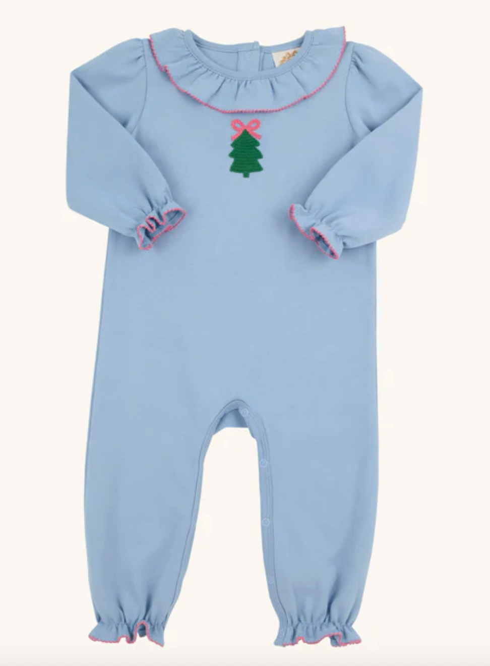 Long Sleeve Ramona Ruffle Romper-Barrington Blue with Christmas Tree Embroidery