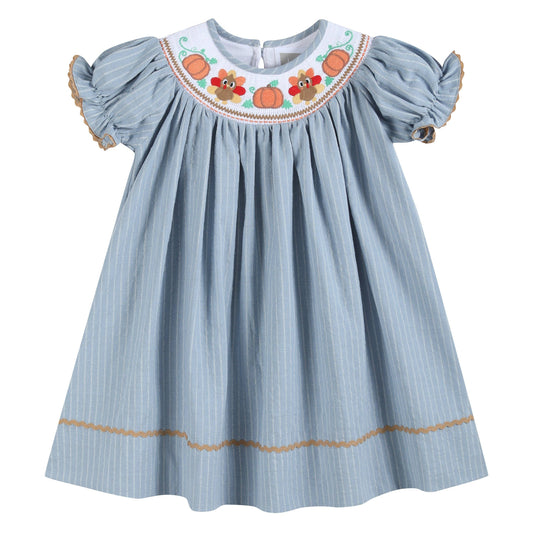 Light Blue Pinstripe Turkey Smocked Bishop Dress