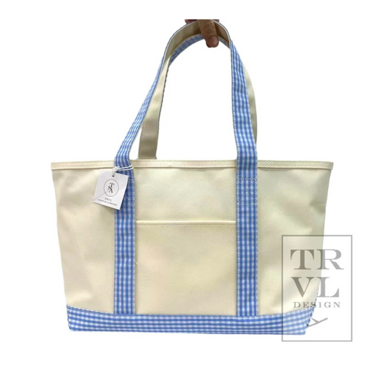 Maxi Tote- Coated Canvas Sky Gingham