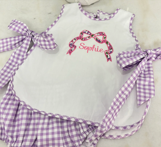 Purple Gingham Bow Diaper Set