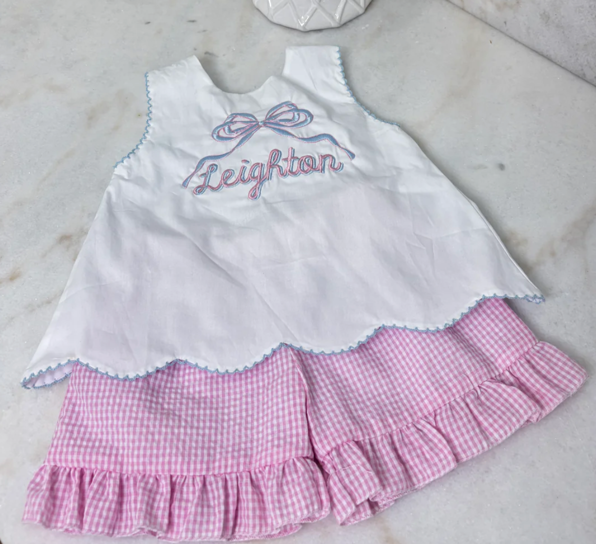 White Scalloped Seersucker Bow Back Short Set