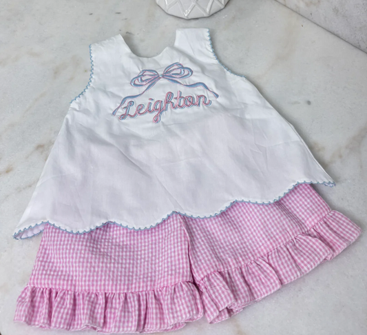 White Scalloped Seersucker Bow Back Short Set
