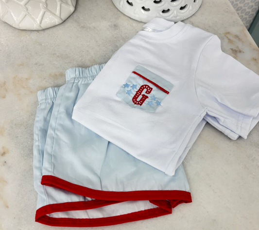 Light Blue with Red Trim Short Set