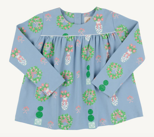 Long Sleeve Dowell Day Top-Topiaries and Tangerines (Barrington Blue)
