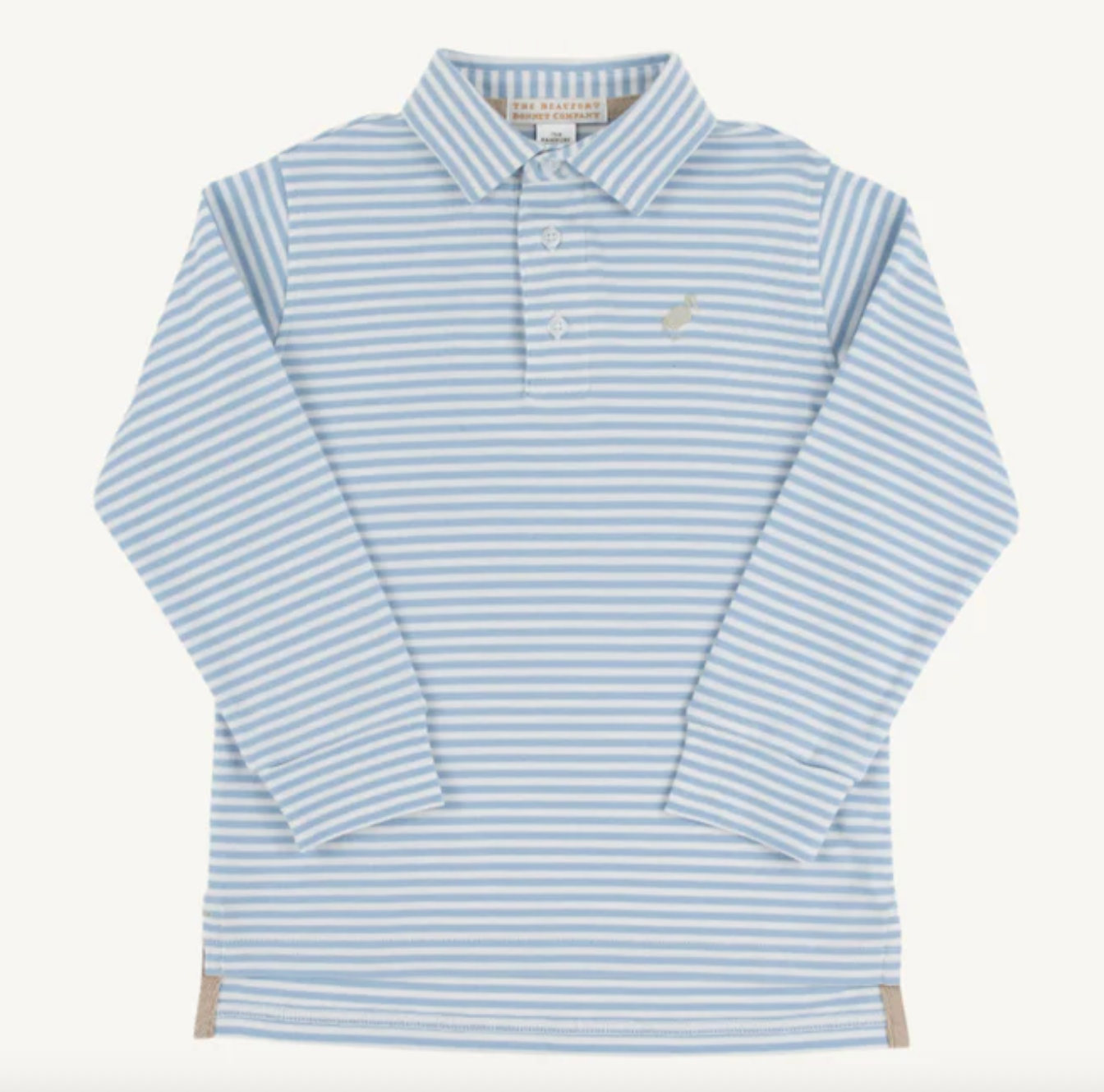 Long Sleeve Prim & Proper Polo-Barrington Blue Stripe with Keeneland Khaki Stork