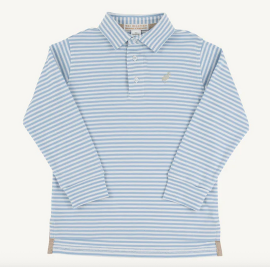 Long Sleeve Prim & Proper Polo-Barrington Blue Stripe with Keeneland Khaki Stork