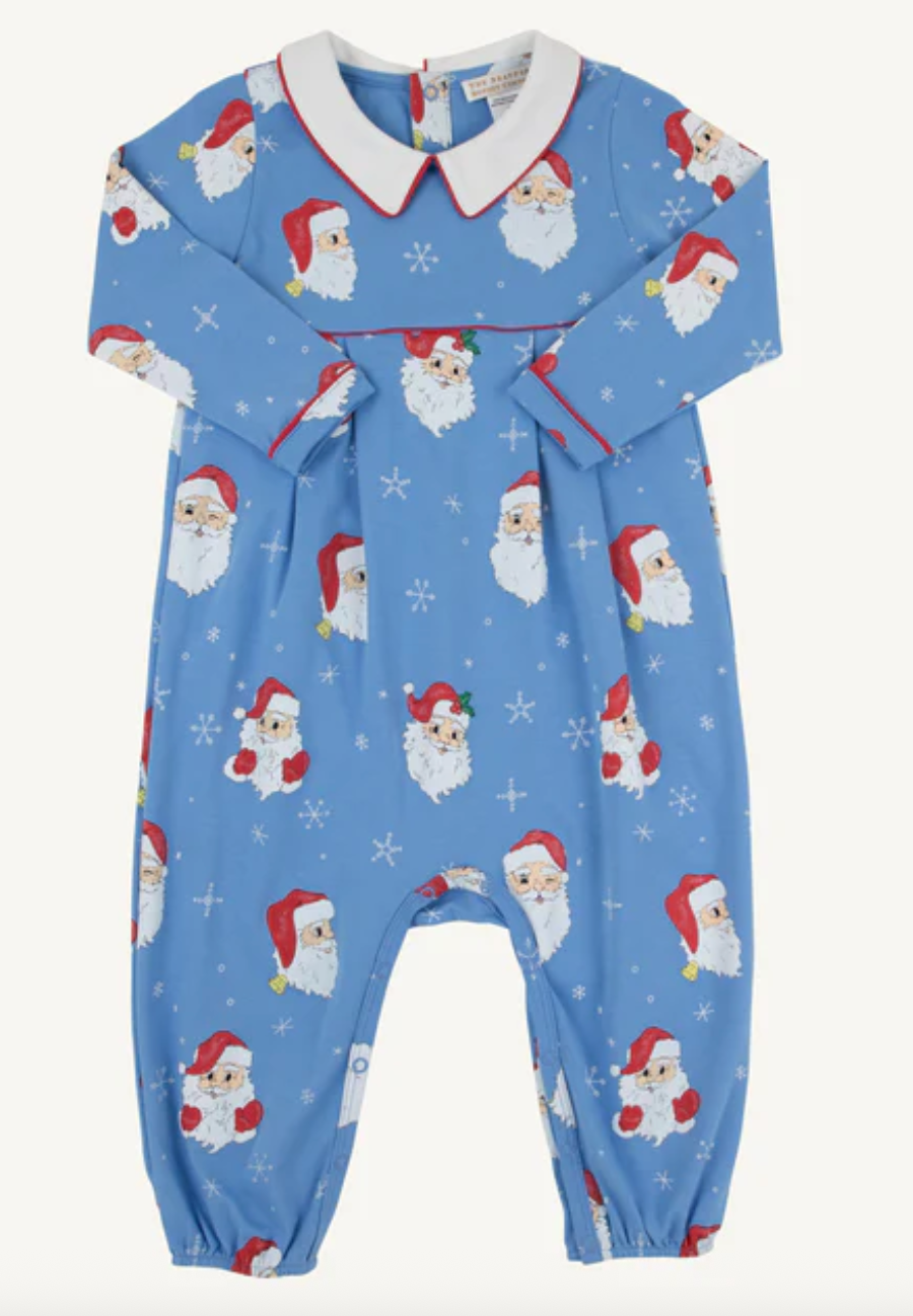 Long Sleeve Bradford Romper-Dear Santa (Barbados Blue) with Worth Avenue White