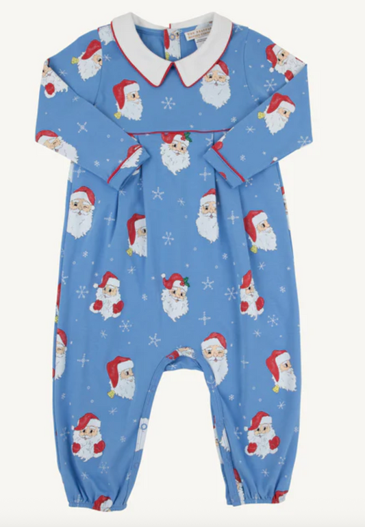 Long Sleeve Bradford Romper-Dear Santa (Barbados Blue) with Worth Avenue White