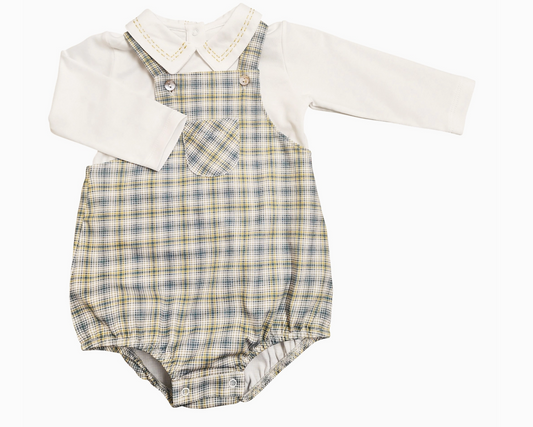 Fall Flowers -Boy White Long Sleeve Checkered Romper Set