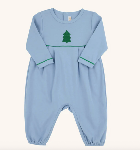 Long Sleeve Bradford RomperBarrington Blue with Kiawah Kelly Green & Christmas Tree Embroidery