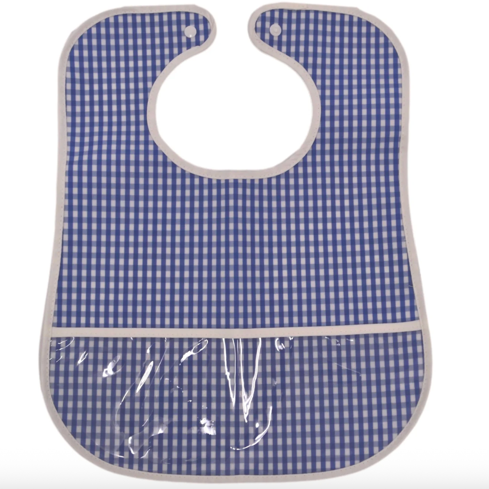 Clean Up Bib (gingham Sky) with embroidery