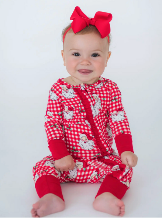Ruffle Butts Girls Bamboo Viscose Red Dear Santa Convertible Ruffle One Piece Footie Pajama