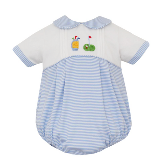 Petite Bebe- GOLF- Blue knit stripe boy's bubble