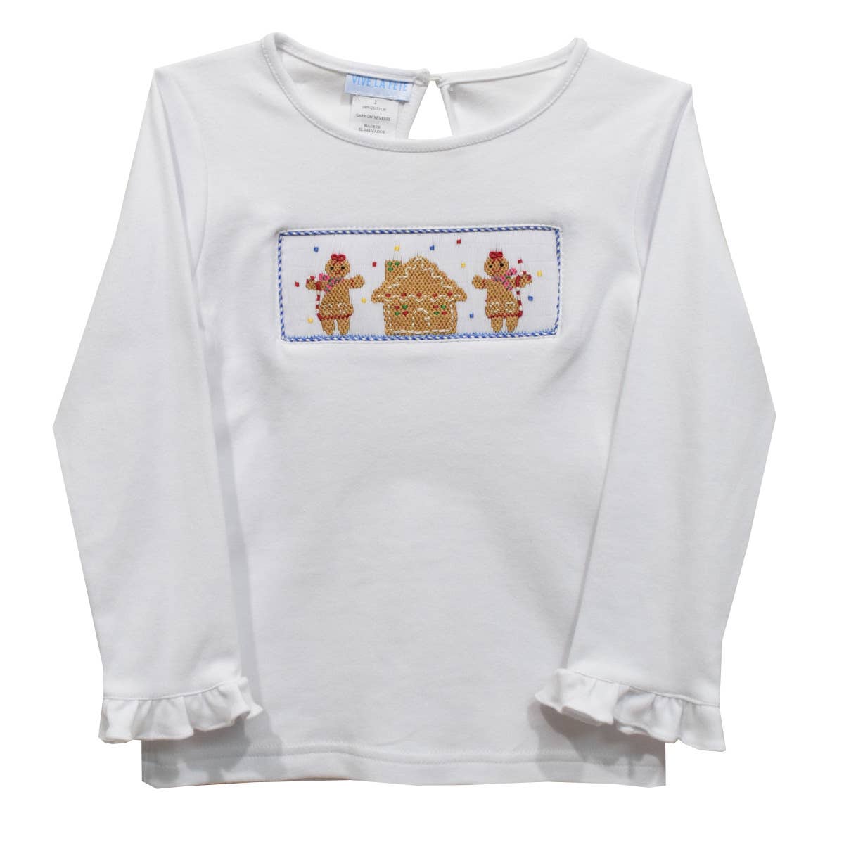 Ginger Cookie House Smocked White Ruffle Long Sleeve T-Shirt